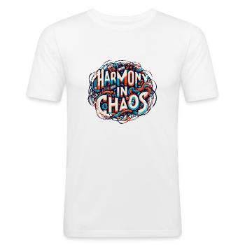 Harmonie im Chaos - Musiktypografie - Männer Slim Fit T-Shirt - Weiß - Vorne - Nik (191cm)