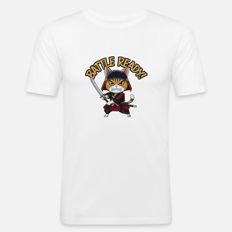 Samurai-Katze - Männer Slim Fit T-Shirt - Weiß