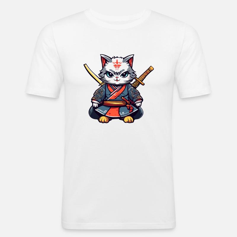 Samurai-Katze #40 - Männer Slim Fit T-Shirt - Weiß