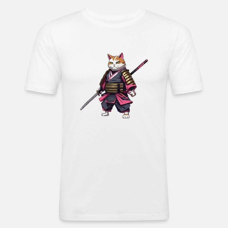 Samurai Katze & Kirschblüten #3 - Männer Slim Fit T-Shirt - Weiß