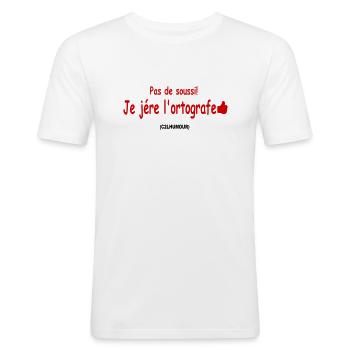 Phrase drôle | message drôle | texte drôle - T-shirt près du corps Homme - blanc - Devant - Nik (191cm)