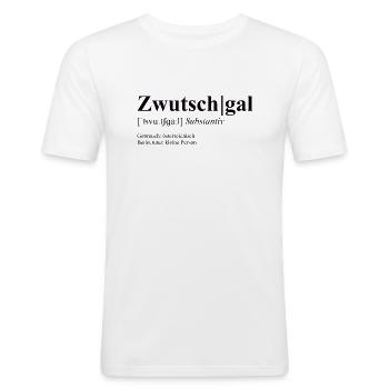 Zwutschgal - österreichisches Dialektwort - Männer Slim Fit T-Shirt - Weiß - Vorne - Nik (191cm)