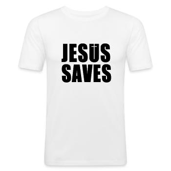 Jesus rettet - Männer Slim Fit T-Shirt - Weiß - Vorne - Nik (191cm)