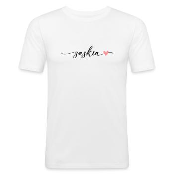 Police de calligraphie du nom Saskia - T-shirt près du corps Homme - blanc - Devant - Nik (191cm)