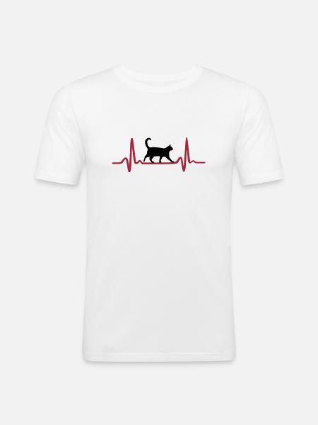 Herzschlag und Katze - Männer Slim Fit T-Shirt - Weiß