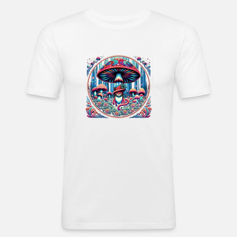 Psychedelische Katze Mit Magischen Pilzen - Männer Slim Fit T-Shirt - Weiß
