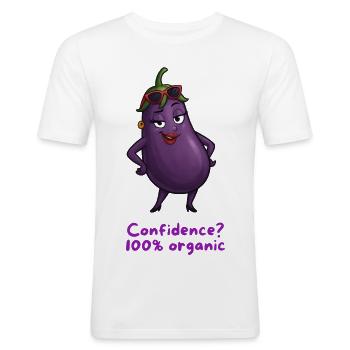  Aubergine - Selbstbewusstsein 100% organic Motiv  - Männer Slim Fit T-Shirt - Weiß - Vorne - Nik (191cm)