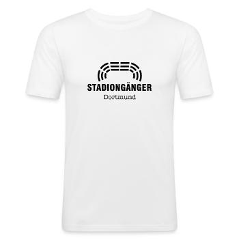 Dortmund Stadiongänger gelb – Schrift schwarz - Männer Slim Fit T-Shirt - Weiß - Vorne - Nik (191cm)