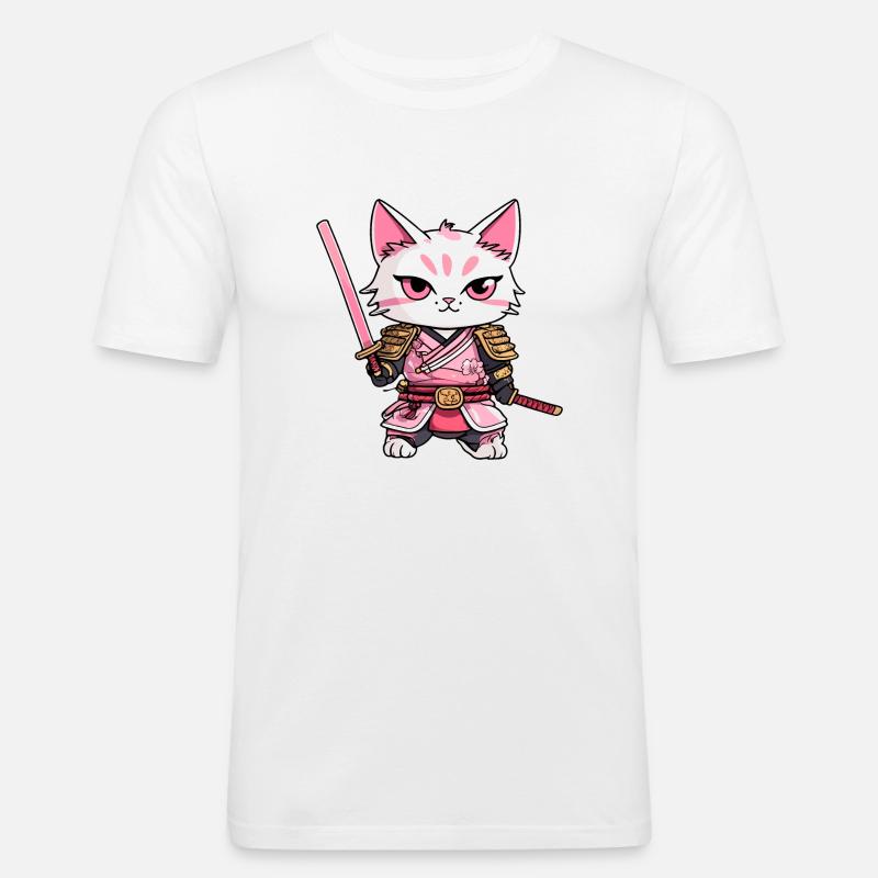 Samurai Katze & Kirschblüten #9 - Männer Slim Fit T-Shirt - Weiß