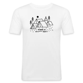 Where is my tent? - Männer Slim Fit T-Shirt - Weiß - Vorne - Nik (191cm)