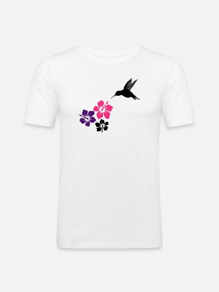 Colibri avec des fleurs d'hibiscus - T-shirt près du corps Homme - blanc