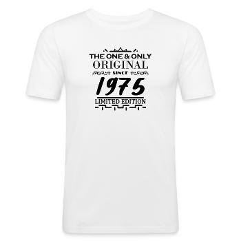 1975 - Bouwjaar 1975 - Geboren 1975 - Mannen slim fit T-shirt - wit - Voor - Nik (191cm)