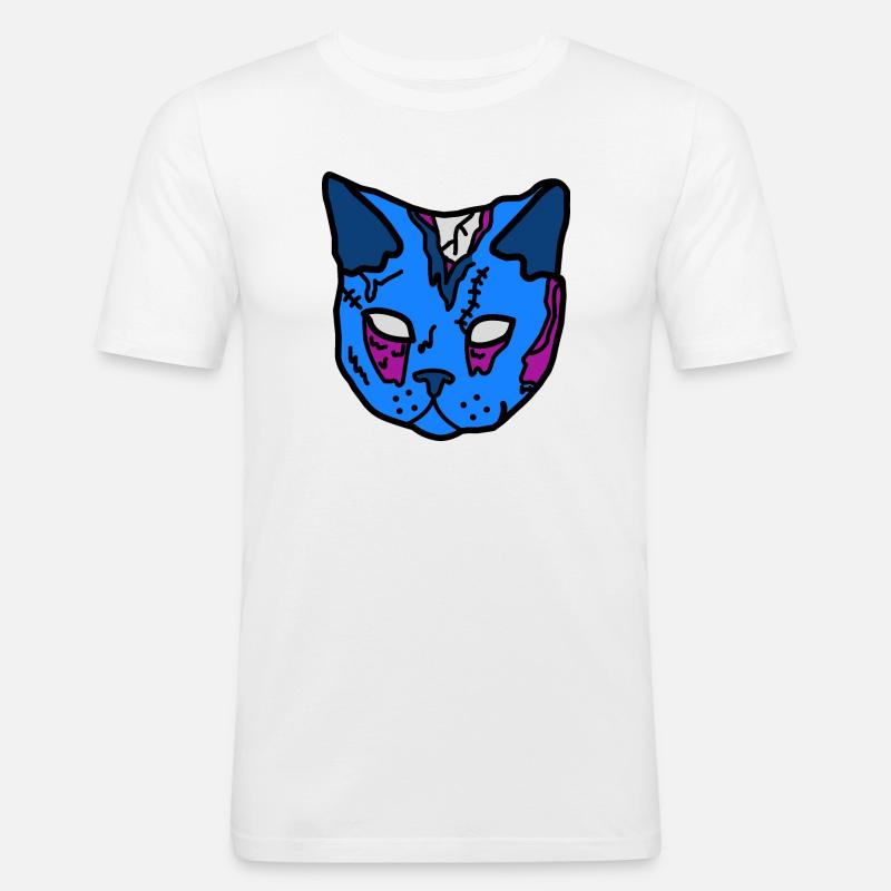 Blauer Katzenmaske Patchwork - Männer Slim Fit T-Shirt - Weiß