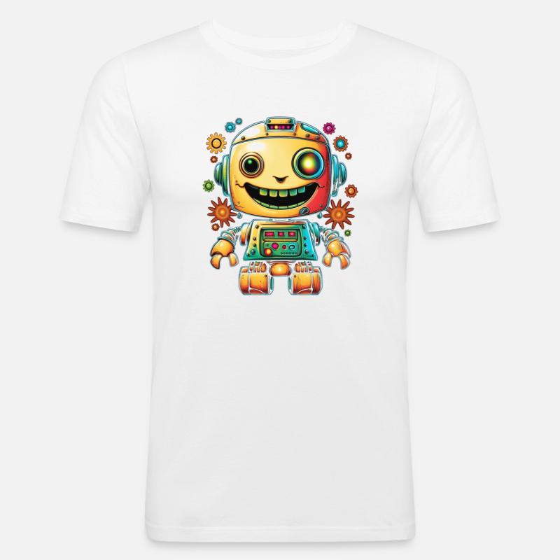 Neon Roboter Pop Getriebe - Männer Slim Fit T-Shirt - Weiß
