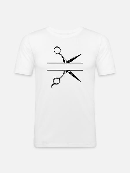 Texte bannière logo coiffeur, ciseaux - T-shirt près du corps Homme - blanc
