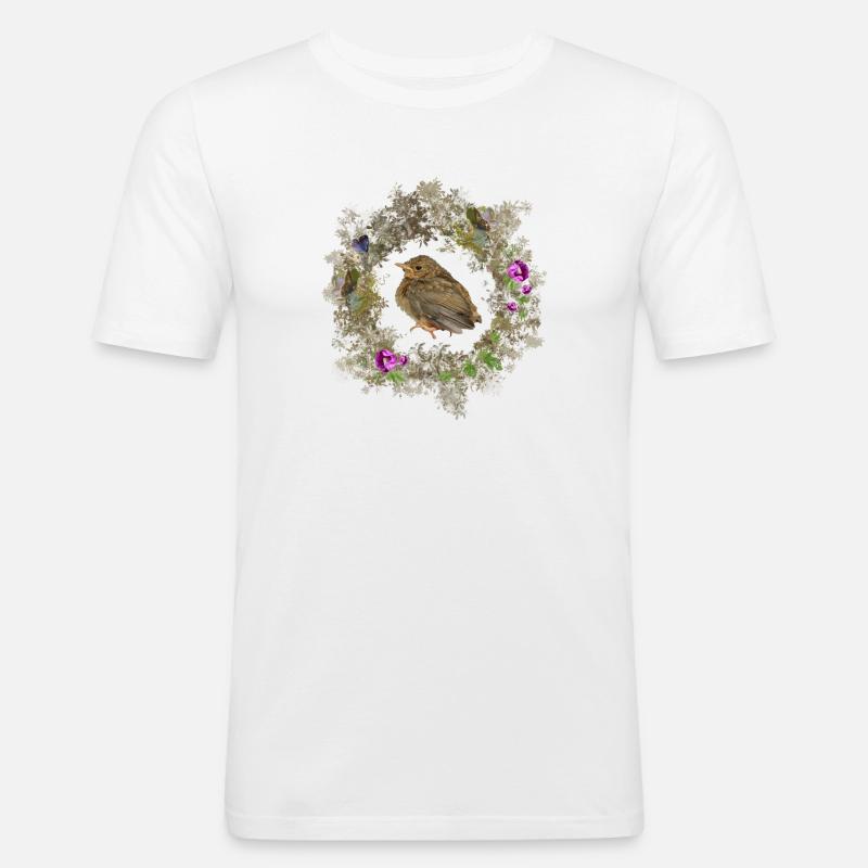 Rotkehlchen mit zarten Blüten und Bläulingen - Männer Slim Fit T-Shirt - Weiß