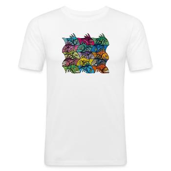 Ambigramme de poisson de style Escher XXIV - T-shirt près du corps Homme - blanc - Devant - Nik (191cm)