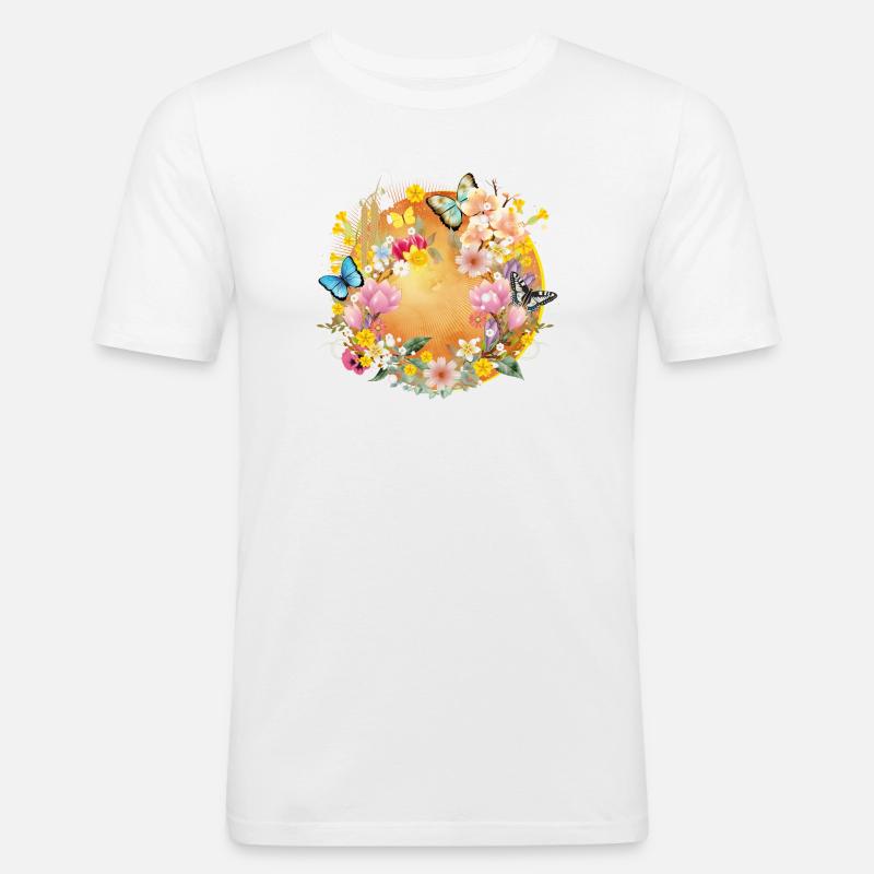 frühlingshafte bunte Blüten & Schmetterlinge - Männer Slim Fit T-Shirt - Weiß