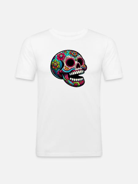 Bunte Totenkopf-Illustration mit Blumen - Männer Slim Fit T-Shirt - Weiß