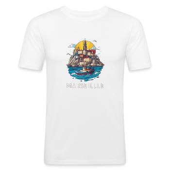 Marseille - Ville au Cœur de la Méditerranée - T-shirt près du corps Homme - blanc - Devant - Nik (191cm)