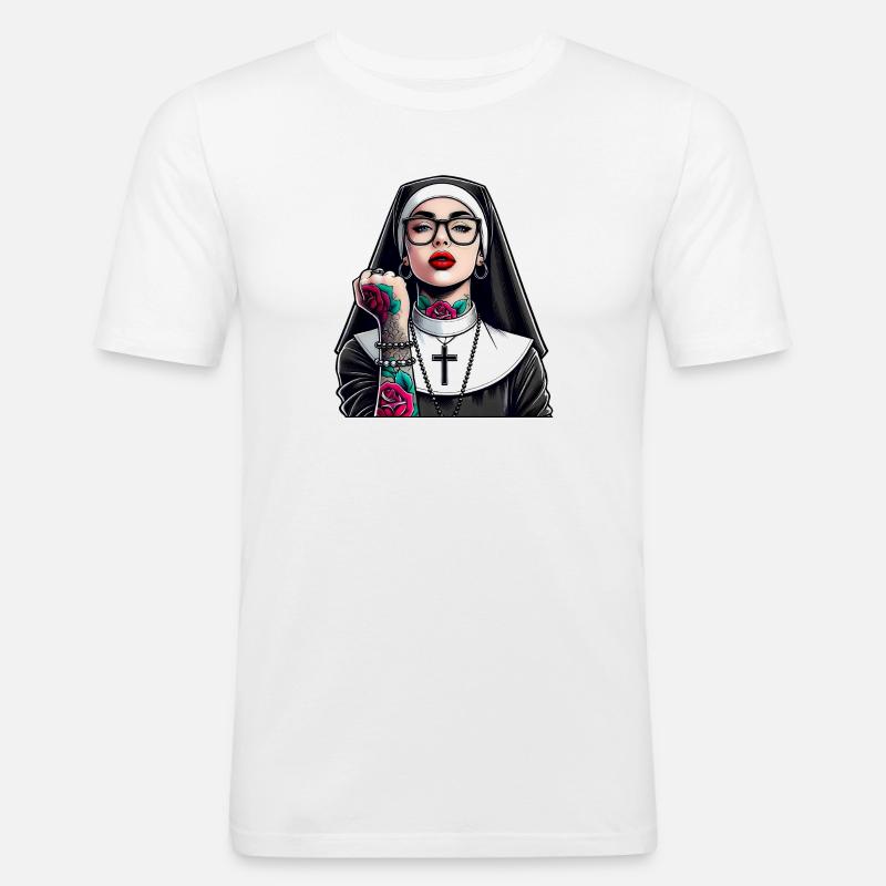 Nonne mit Tattoo - Männer Slim Fit T-Shirt - Weiß
