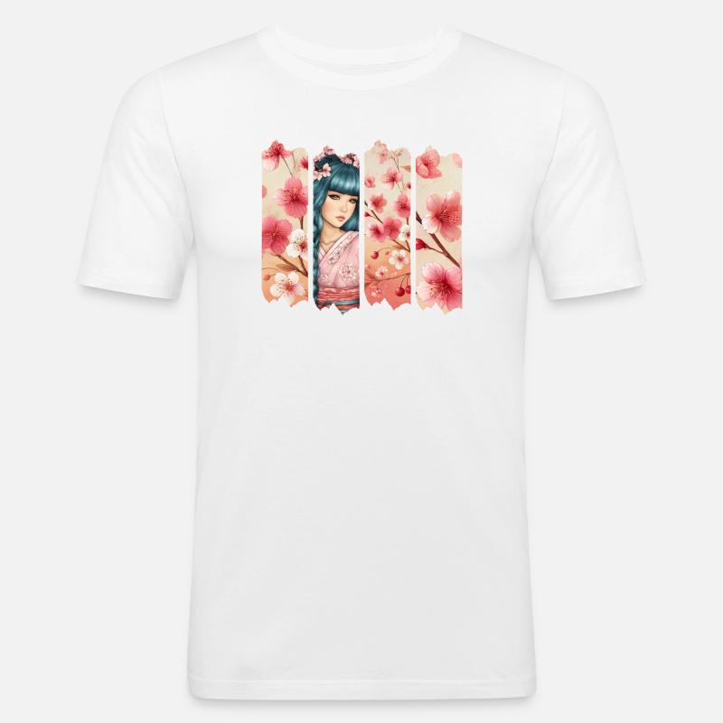 Kirschblüten Kimono Panel Portrait - Männer Slim Fit T-Shirt - Weiß
