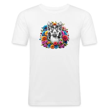 Border Collie mit bunten Blumen - Männer Slim Fit T-Shirt - Weiß - Vorne - Nik (191cm)