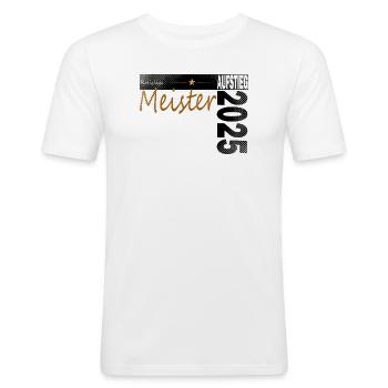 Kreisliga Meister Shirt Aufsteiger 2025 - Männer Slim Fit T-Shirt - Weiß - Vorne - Nik (191cm)