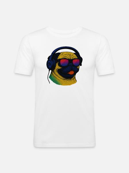 Mops med 80'er Musik DJ Cyberpunk Gamer Retro - Herre Slim Fit T-Shirt - hvid