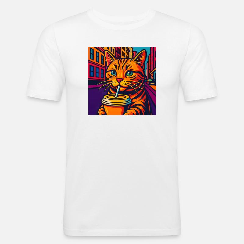 Lebhafte Stadtkatze mit Getränk, liebe Katzen - Männer Slim Fit T-Shirt - Weiß