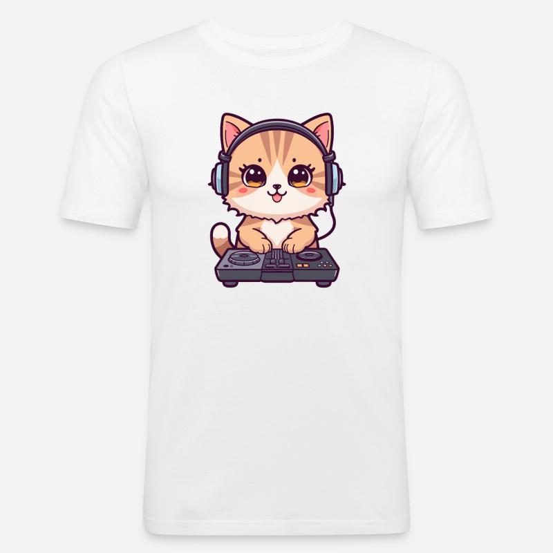 Katze als DJ mit Kopfhörer - Männer Slim Fit T-Shirt - Weiß
