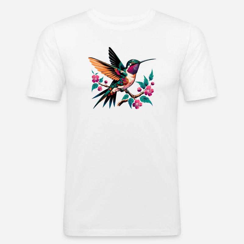 Lebendiger Kolibri auf blühendem Ast - Männer Slim Fit T-Shirt - Weiß
