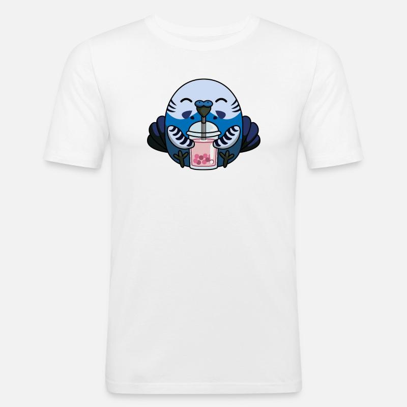 Blauer Wellensittich Vogel mit Bubble Tea - Männer Slim Fit T-Shirt - Weiß
