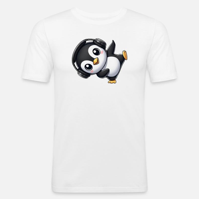 Lustiger Pinguin tanzt Breakdance mit Kopfhörer - Männer Slim Fit T-Shirt - Weiß