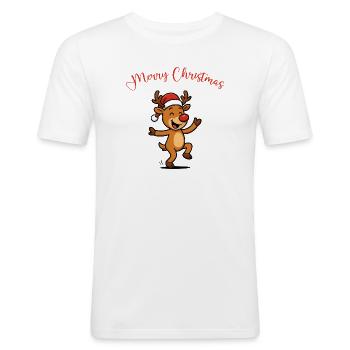 Cerf au chapeau de Père Noël - T-shirt près du corps Homme - blanc - Devant - Nik (191cm)