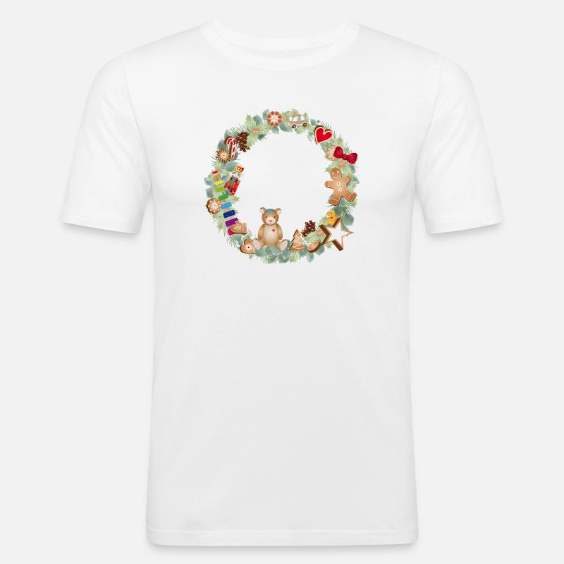 Bunter Weihnachtskranz mit Spielzeug und Lebkuchen - Männer Slim Fit T-Shirt - Weiß