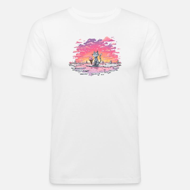 Katze mit Eis am Abendsee - Männer Slim Fit T-Shirt - Weiß