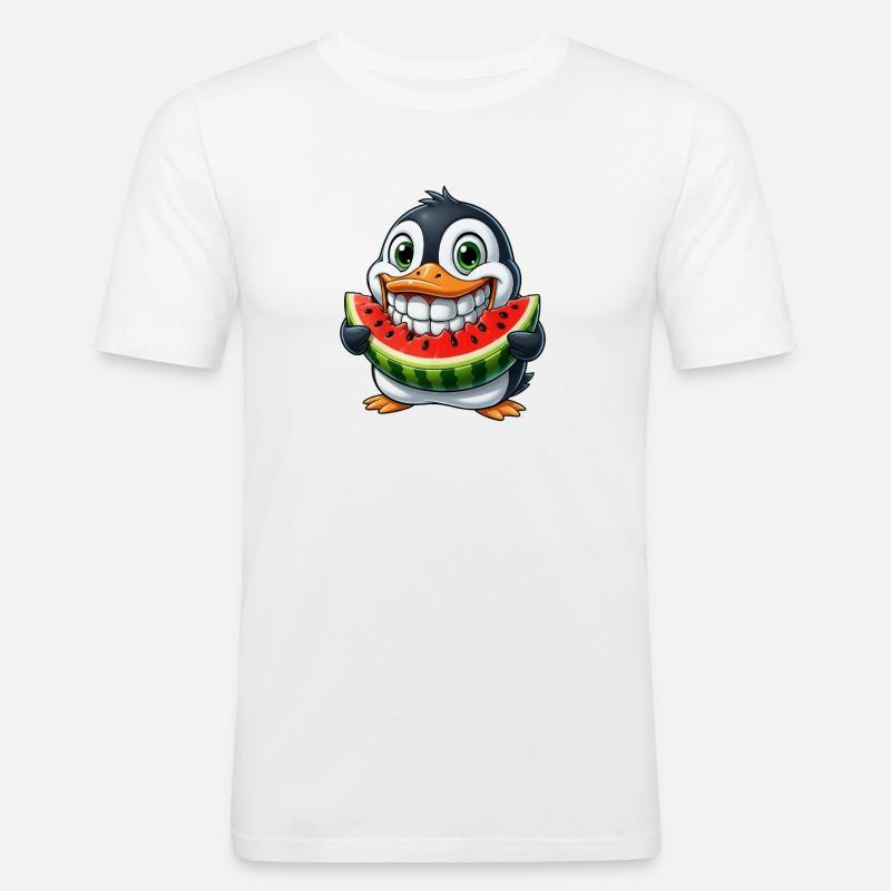 Pingouin joyeux avec pastèque fruit d’été - T-shirt près du corps Homme - blanc