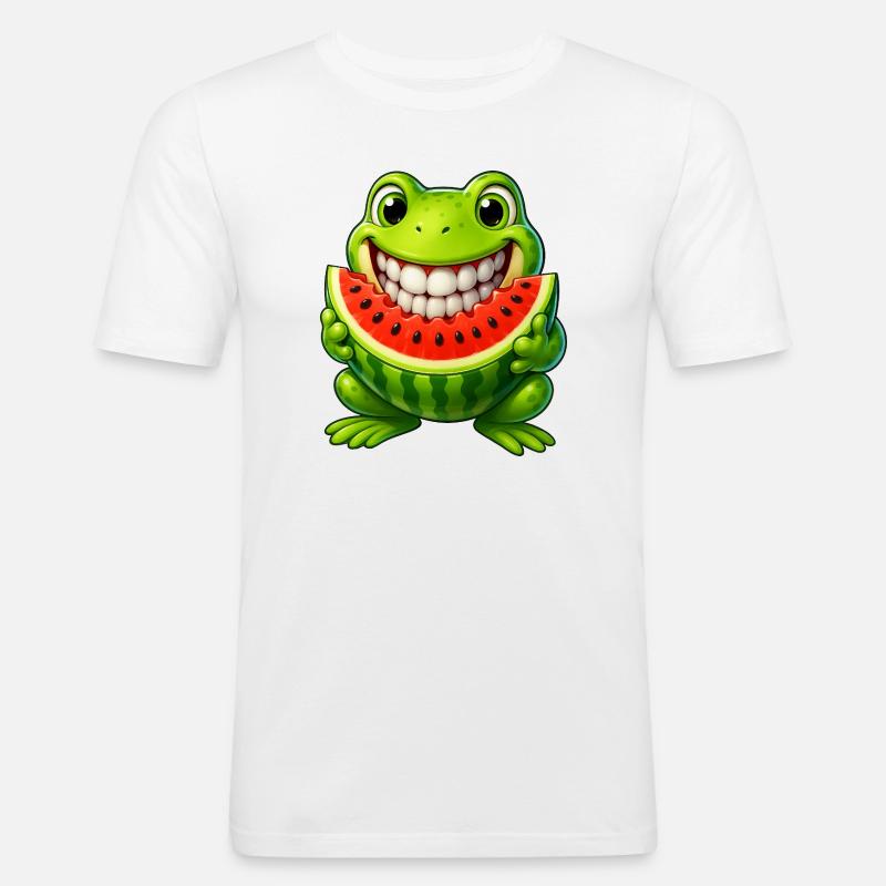 Crapaud grenouille joyeux avec pastèque été - T-shirt près du corps Homme - blanc