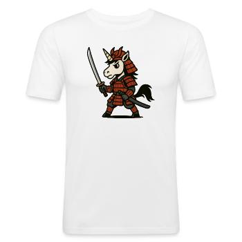 Samurai Unicorn Warrior with Red Armor and Blade - Men's Slim Fit T-Shirt - white - Front - Nik (191cm)