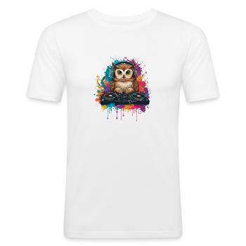 Eule am DJ Mischpult - Männer Slim Fit T-Shirt - Weiß - Vorne - Nik (191cm)