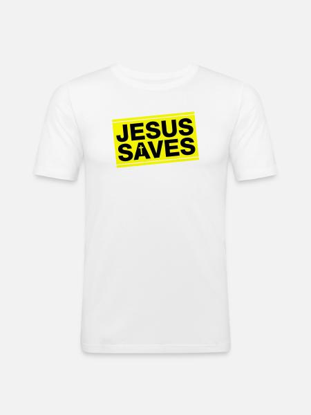 Jesus Rettet Spruch Christlich - Männer Slim Fit T-Shirt - Weiß