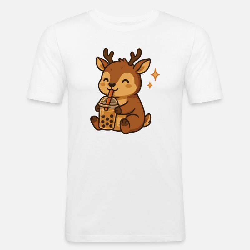 Hirsch mit Bubble Tea kawaii Hirsch - Männer Slim Fit T-Shirt - Weiß