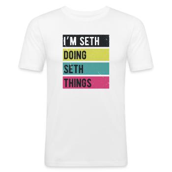 Ich bin Seth und mache Seth-Dinge Retrofarben - Männer Slim Fit T-Shirt - Weiß - Vorne - Nik (191cm)
