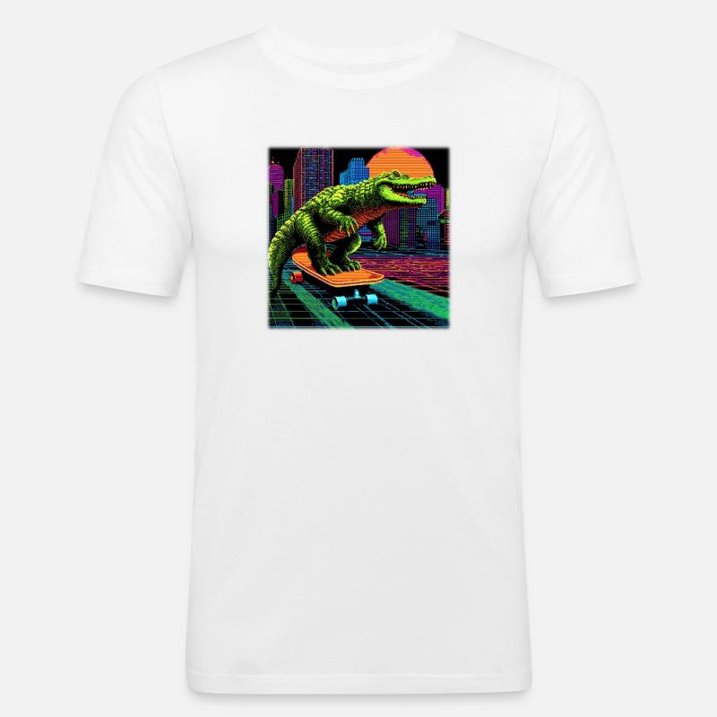Pixel Art Krokodil – Retro Skater Synthwave - Männer Slim Fit T-Shirt - Weiß