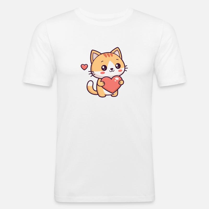 Süße Katze hält ein Herz - Männer Slim Fit T-Shirt - Weiß
