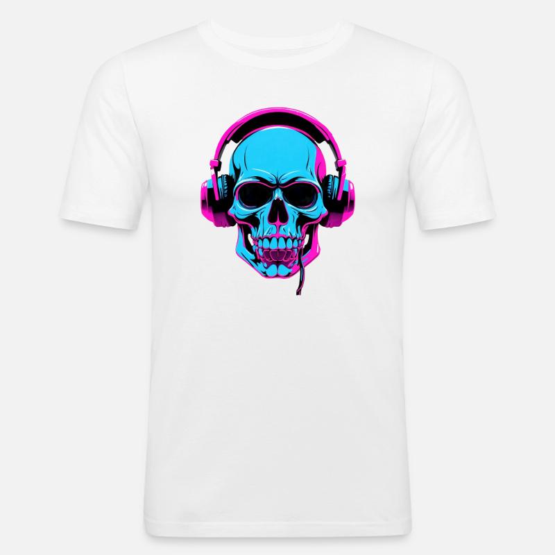 Neon Skull mit Kopfhörern - Männer Slim Fit T-Shirt - Weiß