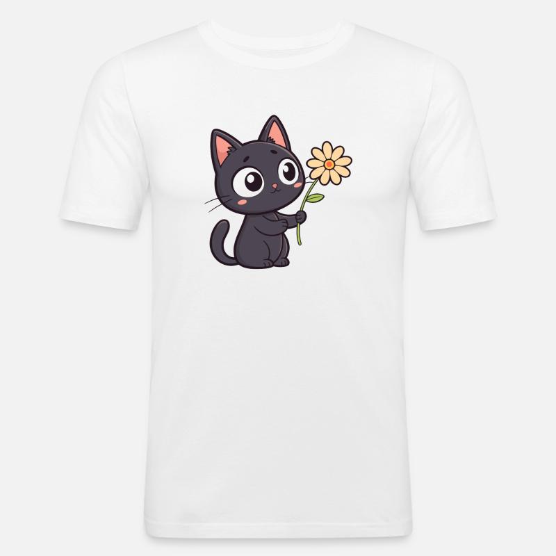 Kawaii Schwarze Katze und Gänseblümchen - Männer Slim Fit T-Shirt - Weiß