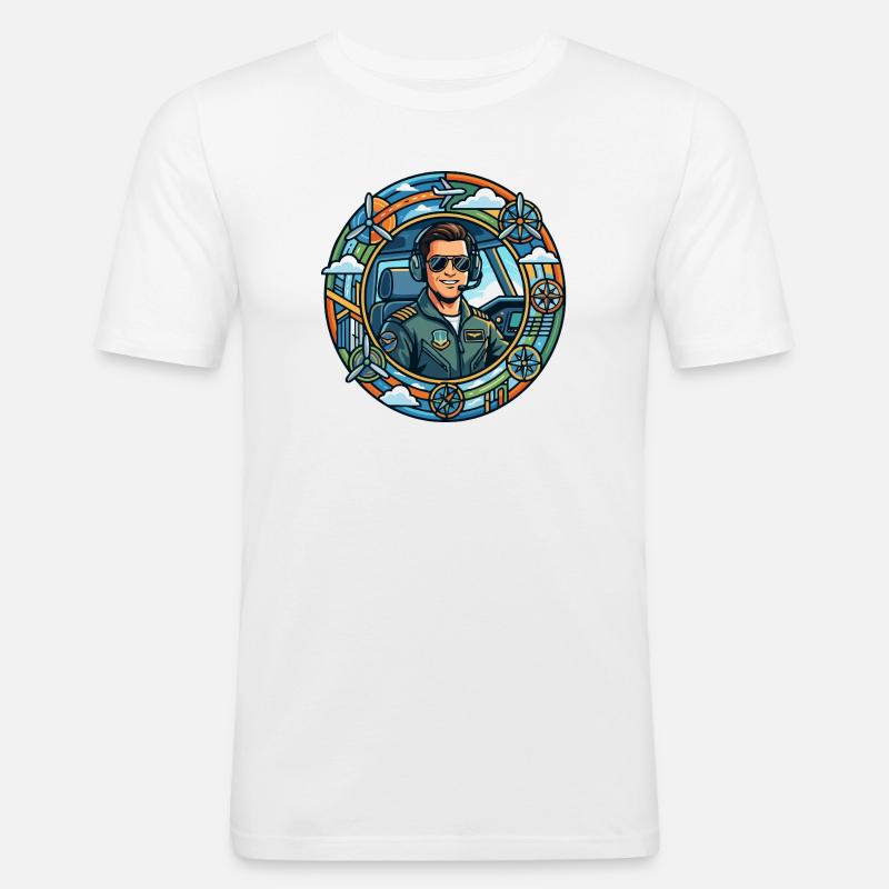 Comic-Pilot im Cockpit Rundflug - Männer Slim Fit T-Shirt - Weiß