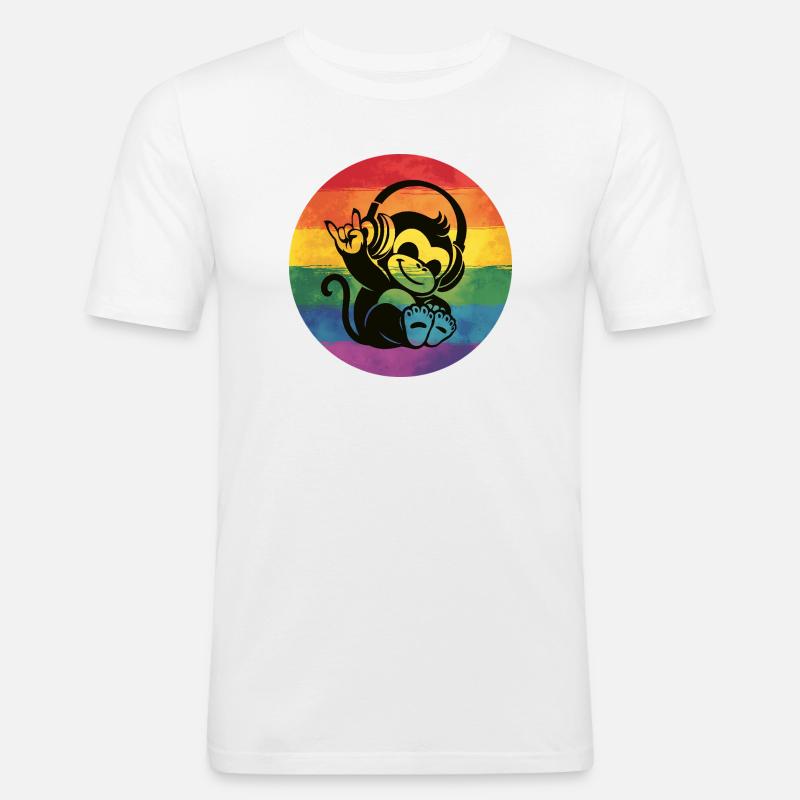 Regenbogen Affe – Kopfhörer Rockhandzeichen - Männer Slim Fit T-Shirt - Weiß